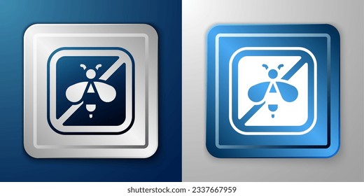 White Stop bee icon isolated on blue and grey background. Sweet natural food. Honeybee or apis with wings symbol. Flying insect. Silver and blue square button. Vector