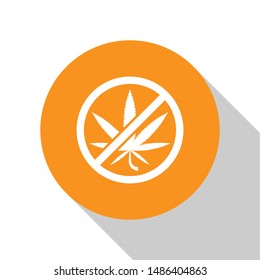 White Stop marijuana or cannabis leaf icon isolated on white background. No smoking marijuana. Hemp symbol. Orange circle button. Vector Illustration