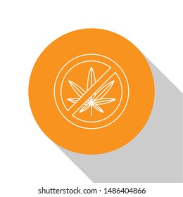 White Stop marijuana or cannabis leaf icon isolated on white background. No smoking marijuana. Hemp symbol. Orange circle button. Vector Illustration