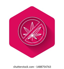 White Stop marijuana or cannabis leaf icon isolated with long shadow. No smoking marijuana. Hemp symbol. Pink hexagon button. Vector Illustration