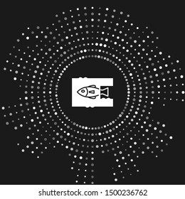 White Stop ocean plastic pollution icon isolated on grey background. Environment protection concept. Fish say no to plastic. Abstract circle random dots. Vector Illustration