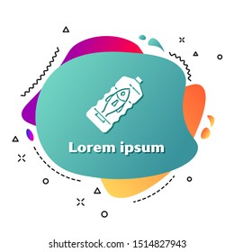 White Stop ocean plastic pollution icon isolated on white background. Environment protection concept. Fish say no to plastic. Abstract banner with liquid shapes. Vector Illustration
