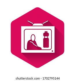 White Stop plastic pollution icon isolated with long shadow. Ecological poster. Pink hexagon button. Vector Illustration