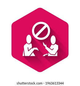 White Stop plastic pollution icon isolated with long shadow. Ecological poster. Pink hexagon button. Vector Illustration