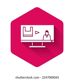 White Stop plastic pollution icon isolated with long shadow. Ecological poster. Pink hexagon button. Vector Illustration