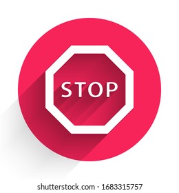 White Stop sign icon isolated with long shadow. Traffic regulatory warning stop symbol. Red circle button. Vector Illustration
