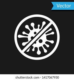 White Stopp Virus, Bakterien, Keime und Mikrobe Symbol einzeln auf schwarzem Hintergrund. Antibakterielle und antivirale Abwehr, Schutzinfektion. Vektorgrafik