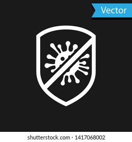 White Stop virus, bacteria, germs and microbe icon isolated on black background. Antibacterial and antiviral defence, protection infection.  Vector Illustration