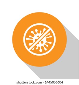 White Stop virus, bacteria, germs and microbe icon isolated on white background. Antibacterial and antiviral defence, protection infection. Orange circle button. Vector Illustration