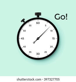 White Stop Watch Face With Black Pointer And Word Go On Mint Background. Vector Illustration