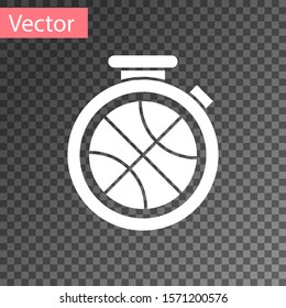 White Stopwatch with basketball ball inside icon isolated on transparent background. Basketball time. Sport and training.  Vector Illustration