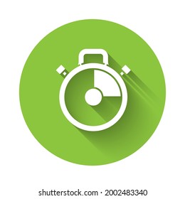 White Stopwatch icon isolated with long shadow. Time timer sign. Chronometer sign. Green circle button. Vector Illustration
