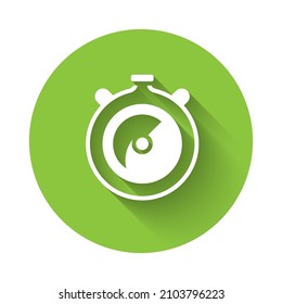 White Stopwatch icon isolated with long shadow background. Time timer sign. Chronometer sign. Green circle button. Vector