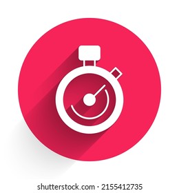 Icono de Stopwatch blanco aislado con fondo de sombra larga. Signo del temporizador de tiempo. Signo del cronómetro. Botón de círculo rojo. Vector