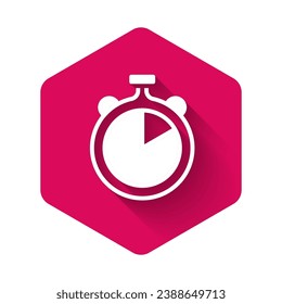 Icono de Stopwatch blanco aislado con fondo de sombra larga. Signo del temporizador de tiempo. Signo del cronómetro. Botón hexágono rosado. Vector