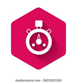White Stopwatch icon isolated with long shadow background. Time timer sign. Chronometer sign. Pink hexagon button. Vector