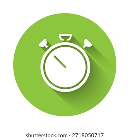 Icono de cronómetro blanco aislado con sombra larga. Signo del temporizador de tiempo. Signo de cronómetro. Botón de círculo verde. Vector