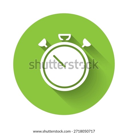White Stopwatch icon isolated with long shadow. Time timer sign. Chronometer sign. Green circle button. Vector