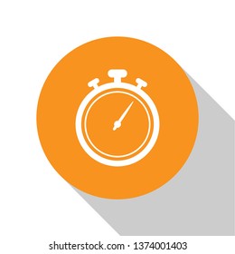 White Stopwatch icon isolated on white background. Time timer sign. Chronometer sign. Orange circle button. Vector Illustration
