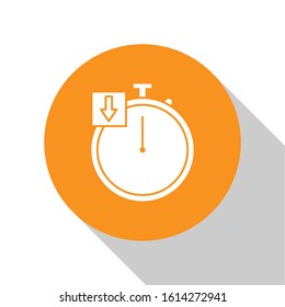 White Stopwatch icon isolated on white background. Time timer sign. Chronometer. Orange circle button. Vector Illustration