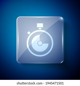 White Stopwatch icon isolated on blue background. Time timer sign. Chronometer sign. Square glass panels. Vector