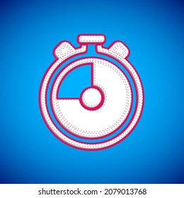 Icono de Stopwatch blanco aislado en fondo azul. Signo del temporizador de tiempo. Signo del cronómetro.  Vector