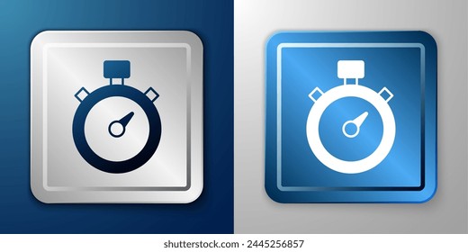Icono de Cronómetro blanco aislado sobre fondo azul y gris. Señal del temporizador. Signo del cronómetro. Botón cuadrado plateado y azul. Vector