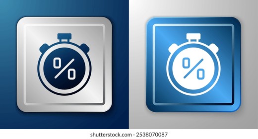 White Stopwatch with percent discount icon isolated on blue and grey background. Time timer sign. Silver and blue square button. Vector