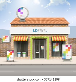White store design with color square pattern. Elements of outdoor advertising. Corporate identity