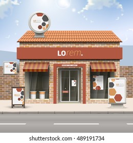 White store design with geometric elements. Elements of outdoor advertising. Corporate identity
