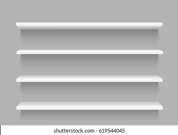 White Store Empty Shelf Template With Shadow For Goods On Gray Background. Frame Supermarket Shop Furniture Design. Demonstration Board