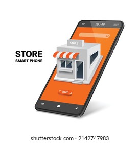 White store with orange awnings on the smartphone screen and all on a white background,vector 3d virtual isolated for online shopping and delivery advertising concept design