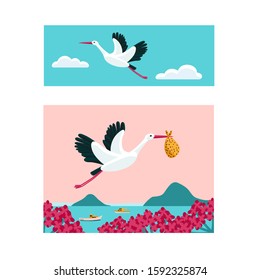 White stork banner set. Bird flying among clouds in the sky. Stork carrying a bundle. Symbol for pregnancy, delivery, news. Colorful vector illustration.