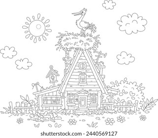 White stork in a big haulm nest on a roof of a small wooden village house in countryside on a sunny summer day, black and white outline vector cartoon illustration for a coloring book