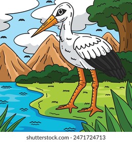 White Stork Bird Colored Cartoon Illustration