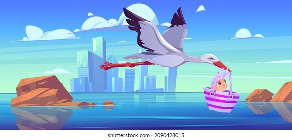 White stork carry newborn baby girl in bag flying over sea bay cityscape view. Child delivery, birth announcement, greeting and congratulation, baby shower celebration Cartoon vector illustration
