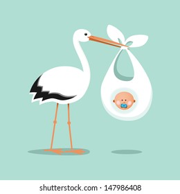 White stork carrying a cute baby. Delivery of a newborn baby