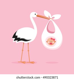 White stork carrying a cute baby girl. Delivery of a newborn baby