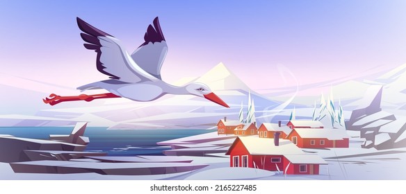 White stork cartoon beautiful wild bird flying in clear sky over natural winter landscape with mountain snow peaks, lake and cottages stand along shore. Ornithology, wildlife Vector illustration