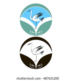 White stork in the circle. Sign, vector.