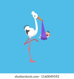 White stork delivering bundle with newborn baby, template for baby shower banner, invitation, poster, greeting card vector Illustration