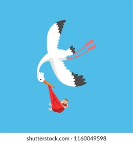 White stork delivering a newborn baby, flying bird carrying a bundle with crying baby, template for baby shower banner, invitation, poster, greeting card vector Illustration