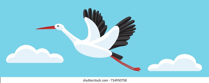 White stork flying among clouds in the sky. Horizontal banner with a bird as symbol for pregnancy, delivery, news. Colorful vector illustration.