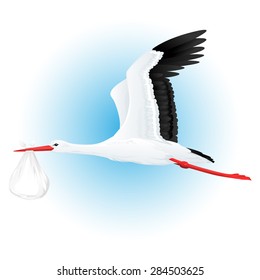 White stork flying with bundle, quality illustration