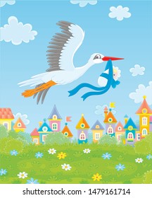 White stork flying and carrying a newborn child over colorful houses of a small town on a sunny day, vector illustration in a cartoon style