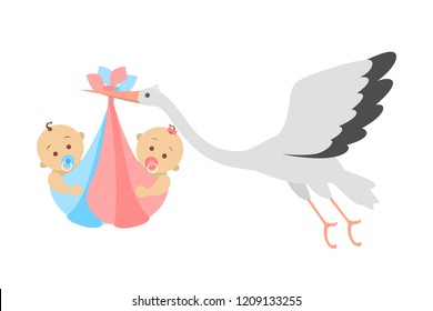 White stork flying with newborn baby twins girl and boy. Child birth announcement. Greeting card for baby born celebration. Isolated flat vector illustration