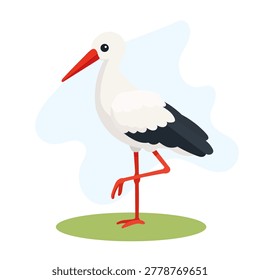 White stork standing on one leg in minimal flat vector style, white stork isolated with clean shapes, trendy nursery wildlife clipart art