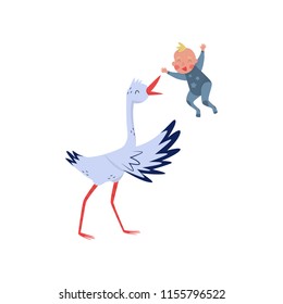 White stork throws baby boy in the air. Joyful bird and child. Flat vector element for postcard, poster or children book