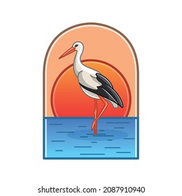 White Stork Vector Window Shaped Illustration, European White Stork, Crane Stork Bird In Water At Sunset Flat Design.