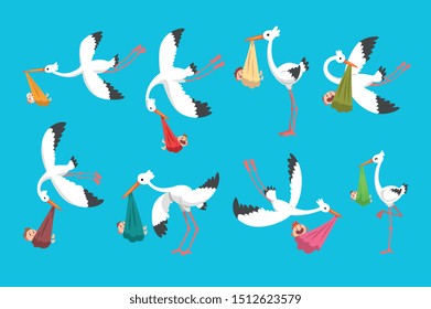 White Storks Delivering Newborn Babies Set, Flying Bird Carrying Bundles With Kids, Template For Baby Shower Banner, Invitation, Poster, Greeting Card Vector Illustration